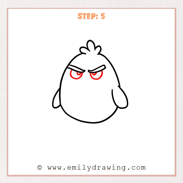 how to draw an angry bird - Step 5: Two round eyes and small centered pupils added under the angry eyebrows.
